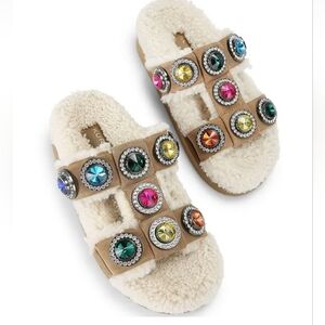 Kurt Geiger Shearling Teddy Oversized Studded Jewel Sandals, size 9, tan, in box